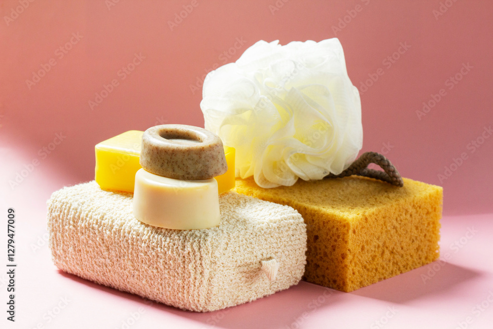 Set of bath accessories, sponges of different sizes and shapes and handmade soap on a pink background.