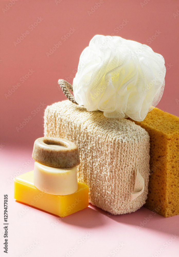 Set of bath accessories, sponges of different sizes and shapes and handmade soap on a pink background.