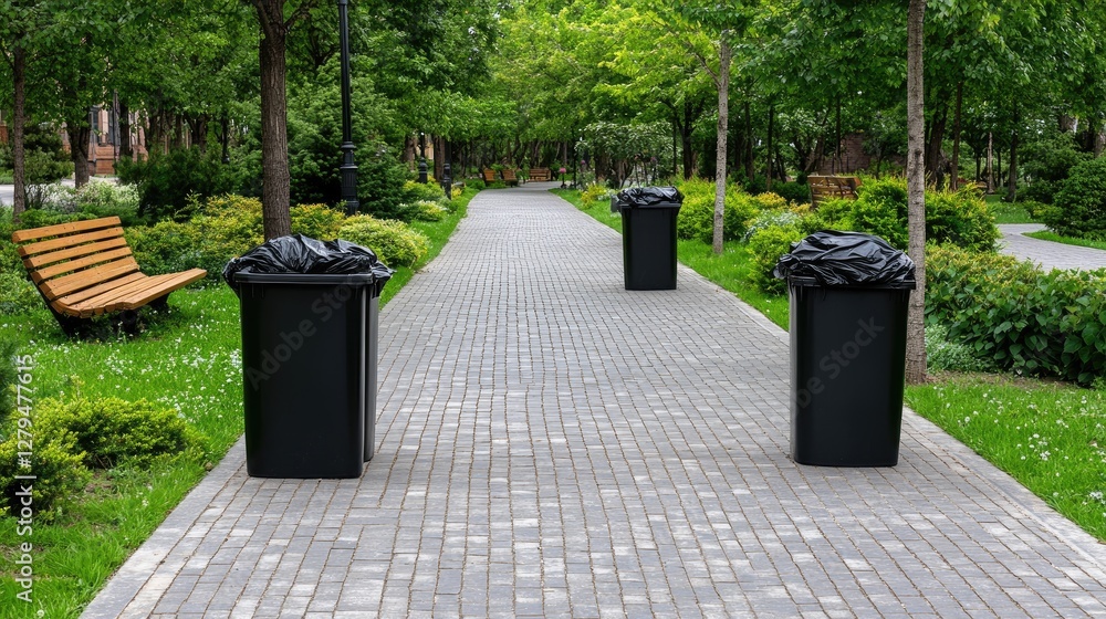 High-resolution image showcases black garbage bags and trash cans positioned along a park walkway adorned with lush foliage and flowers High-resolution image showcases black garbage bags and trash cans positioned along a park walkway adorned with lush foliage and flowers