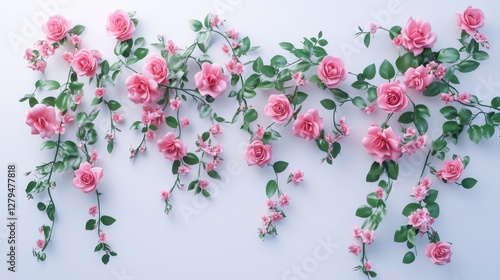 Delicate pink roses and green leaves on white background