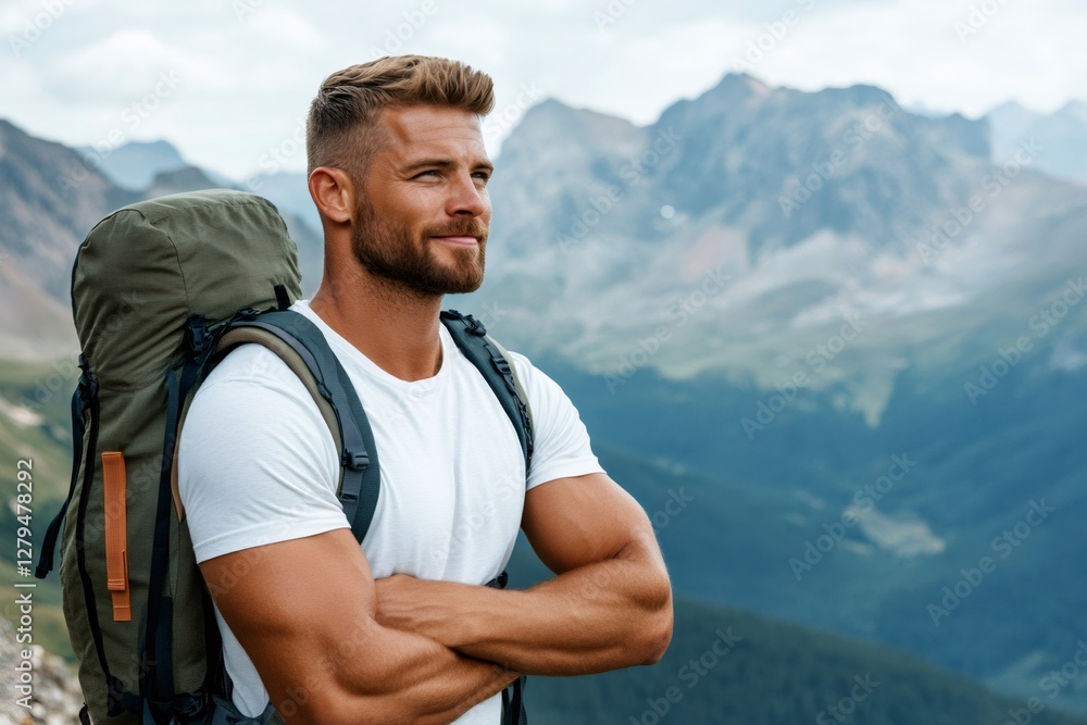 Hiker contemplating inspiring mountain view during trekking adventure Hiker contemplating inspiring mountain view during trekking adventure