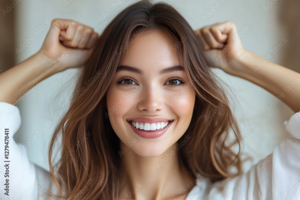 Young woman smiling and showing perfect teeth with hands up Young woman smiling and showing perfect teeth with hands up