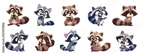 raccoons set cartoon. gray brown raccoon, cute funny cheerful sad scared wild animal sticker emotions character vector illustration