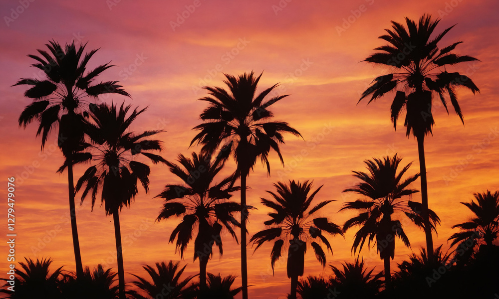 Vibrant sunset over palm trees creating a striking silhouette in a coastal landscape Vibrant sunset over palm trees creating a striking silhouette in a coastal landscape