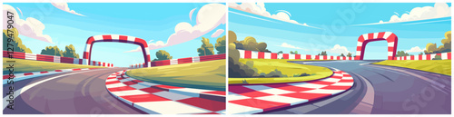 race track background. autodrome cartoon, finish race sport road asphalt summer greenery trees arch vector illustration