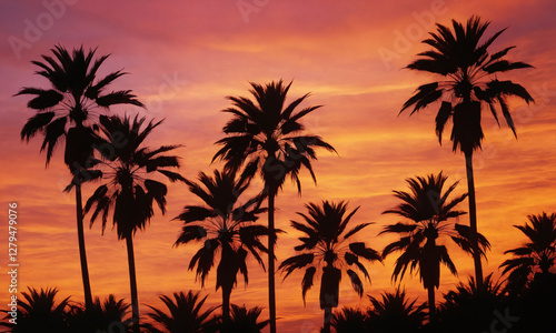 Vibrant sunset over palm trees creating a striking silhouette in a coastal landscape