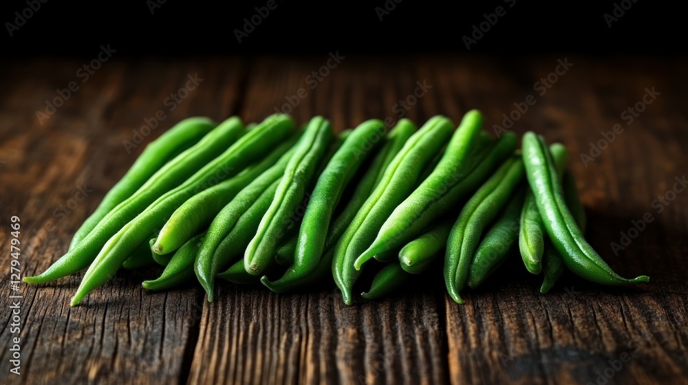 Fresh green beans on rustic wood, dark background, healthy food photography Fresh green beans on rustic wood, dark background, healthy food photography