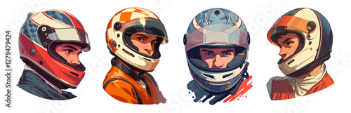 Racer portraits. Man wearing a motorcycle helmet protection, sport car driver motorcyclist biker person vector illustration