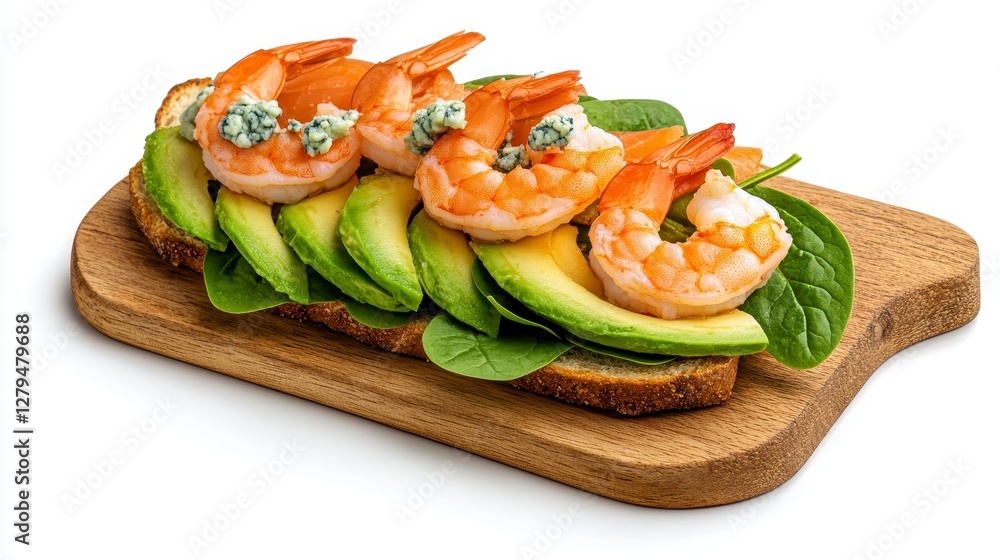 Shrimp and Avocado Toast with Blue Cheese on Wooden Board Shrimp and Avocado Toast with Blue Cheese on Wooden Board