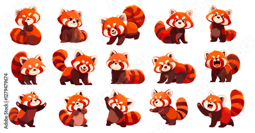 Red panda. Cartoon cute animal fluffy mascot poses, happy raccoon bear pet character sitting standing set vector illustration
