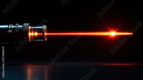Red laser beam emitting from lens. Perfect for technology, science, or futuristic designs.