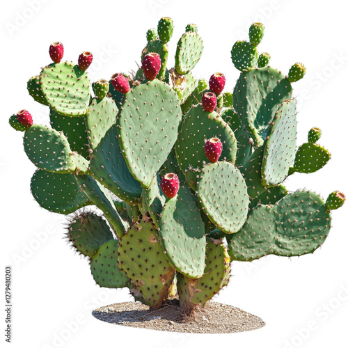 A vibrant prickly pear cactus (Opuntia) with lush green pads and bright red fruit, isolated on a transparent background.
