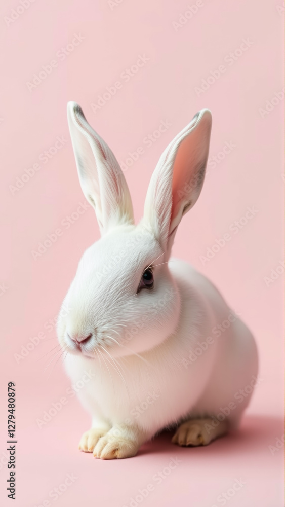 Obraz premium Cute white rabbit on isolated pink background