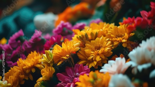 A close-up of colorful flowers used in Bathukamma, beautifully arranged photo