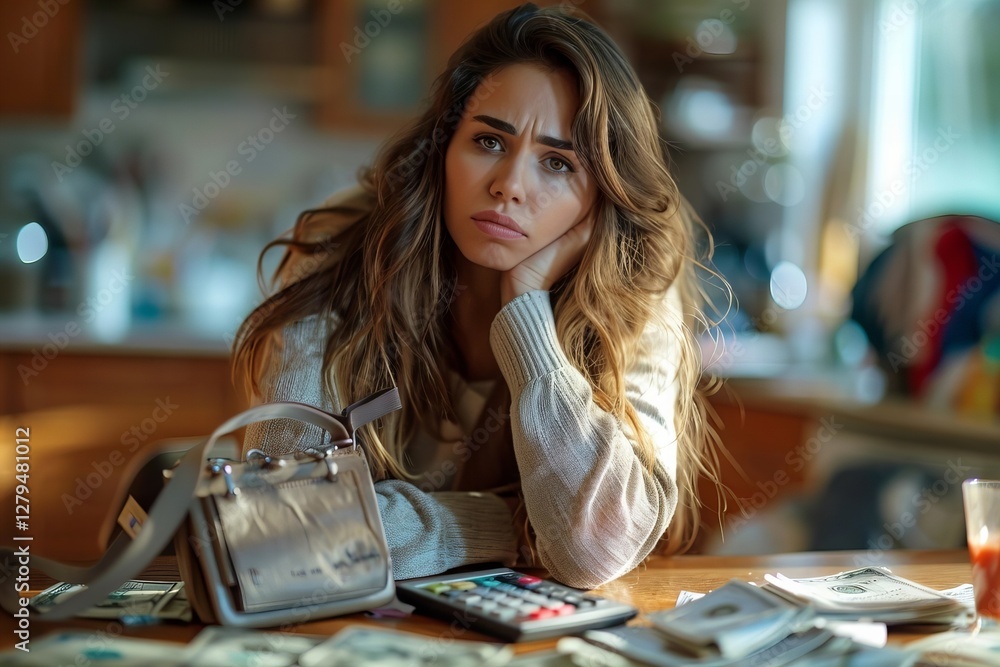Fototapeta premium Unsatisfied woman with empty purse, calculator, and bills spread out on table