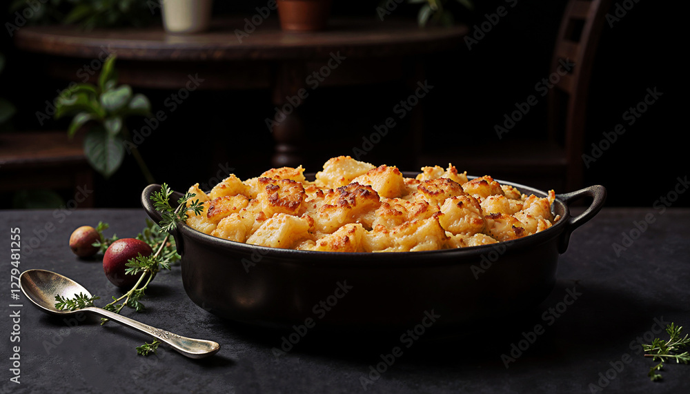 Elegant gratin dauphinois on a dining table with potato and cheese layers, cozy atmosphere Elegant gratin dauphinois on a dining table with potato and cheese layers, cozy atmosphere