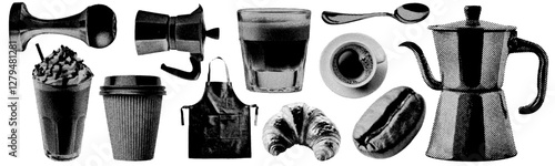 Set of coffee shop halftone grunge vector design elements