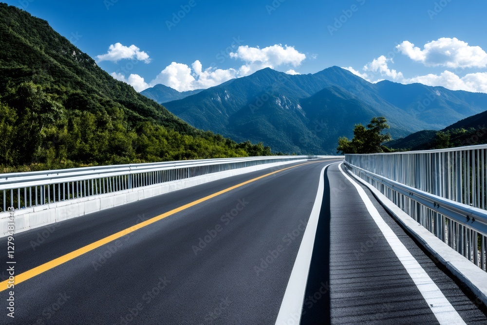Obraz premium Empty asphalt road and bridge over mountains with blue sky
