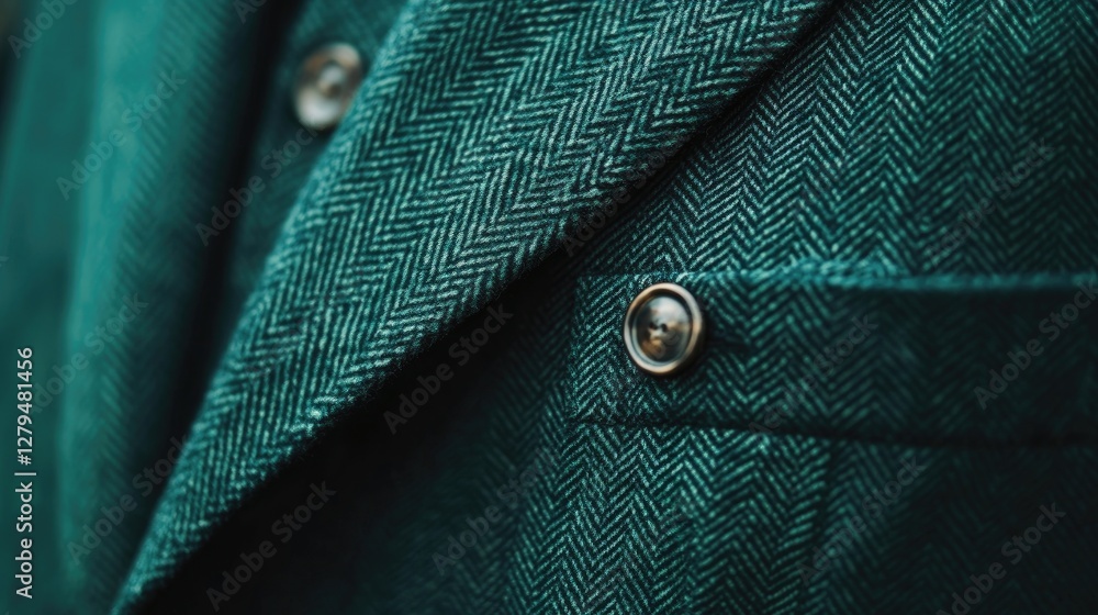 A close-up of a green suit jacket with elegant lapels and buttons A close-up of a green suit jacket with elegant lapels and buttons