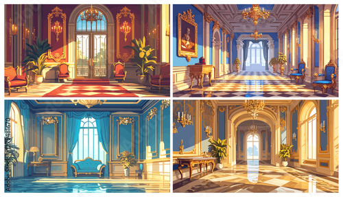 Royal palace interior. Historical castle ballroom hall interior pillars chairs chandelier baroque style vector illustration