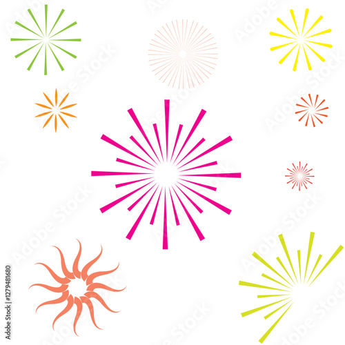 Colorful abstract fireworks illustration with vibrant geometric bursts in pink yellow green and orange isolated on a white background perfect for celebrations festivals parties 
