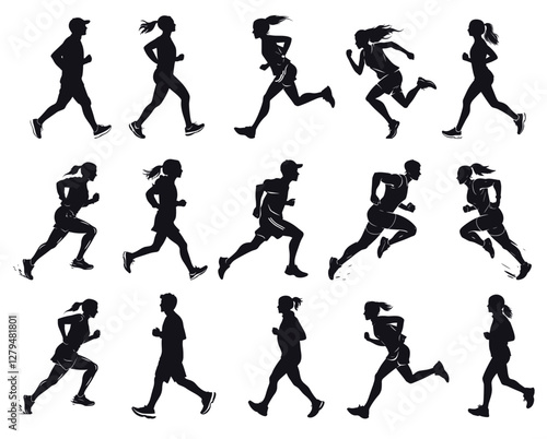 Wallpaper Mural Runners black silhouettes. Sport man and woman running exercising jogging health activity set vector illustration Torontodigital.ca