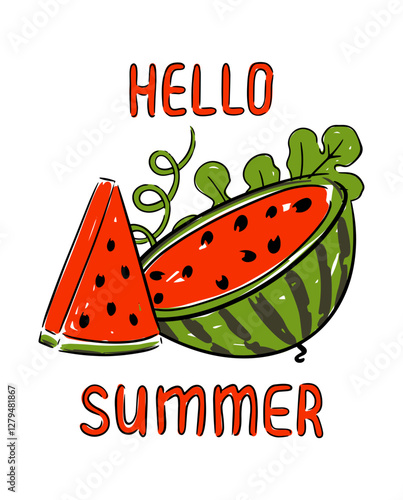 Hello summer watermelon fruit slice fresh tropical juicy illustration vector