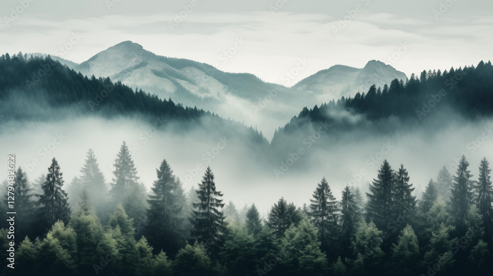 Naklejka premium Paysage de forêt dans les montagnes. Nuage, brume, brouillard. Horizon, calme. Pour conception et création graphique.