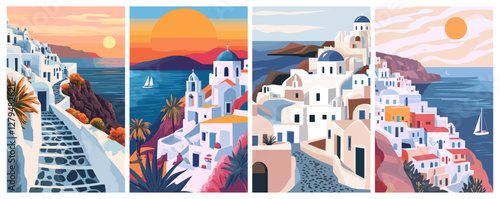 Santorini island landscape. Minimalistic greece travel poster with traditional dome architecture and sea, summer holidays vector illustration