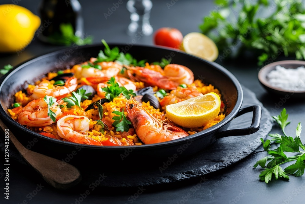 Delicious traditional spanish paella with shrimps, mussels, and lemon Delicious traditional spanish paella with shrimps, mussels, and lemon