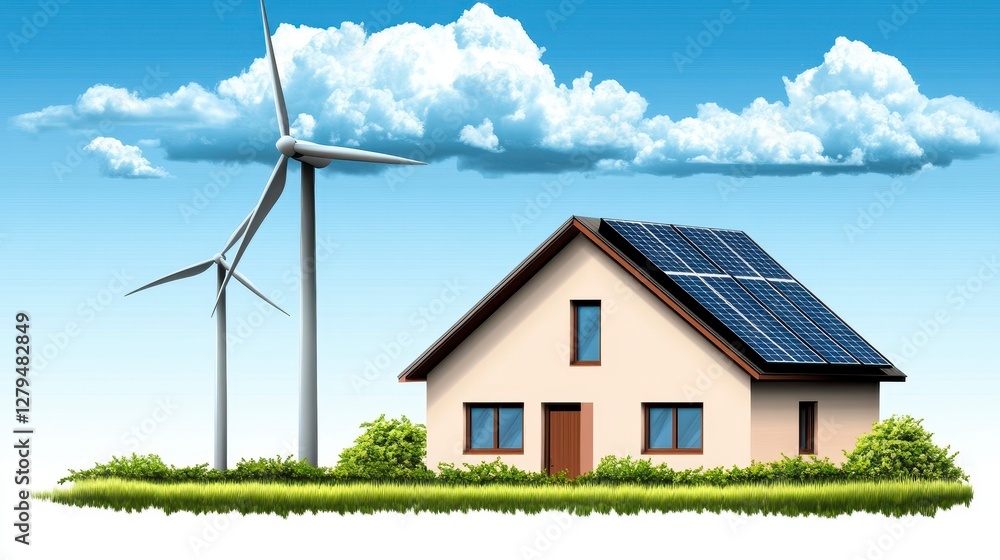 Obraz premium Sustainable Home with Solar Panels and Wind Turbine