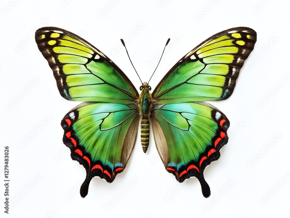 Stunning green butterfly displaying vibrant colors against a plain background in natural light Stunning green butterfly displaying vibrant colors against a plain background in natural light