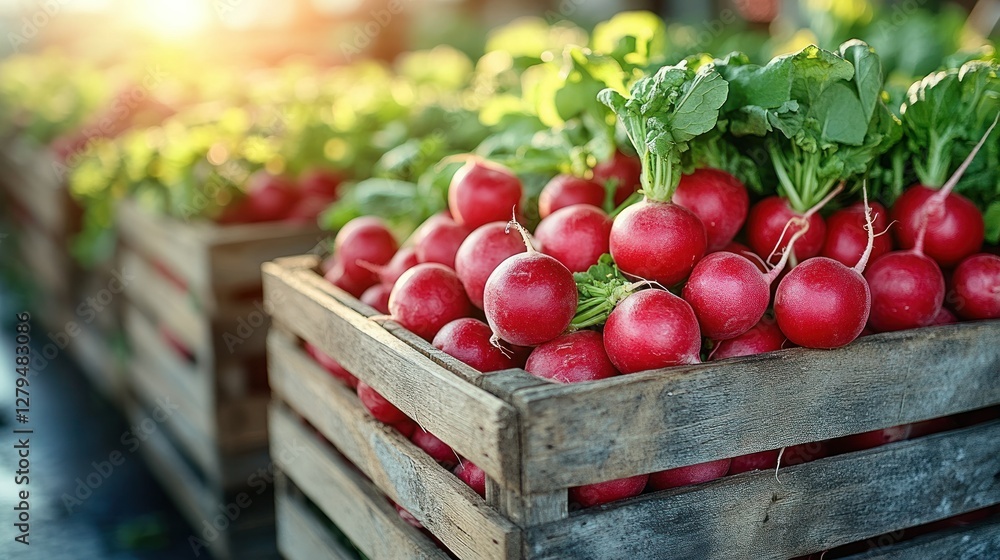 Fresh radishes in wooden crates at farmers market Fresh radishes in wooden crates at farmers market
