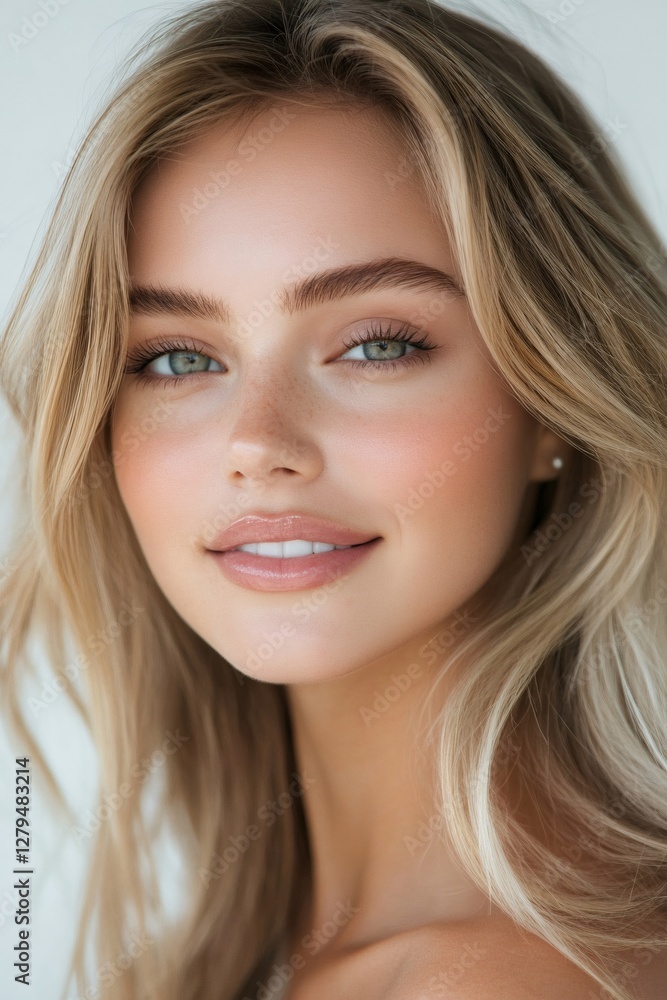 Fototapeta premium Beautiful blonde woman smiling with perfect makeup and hair style
