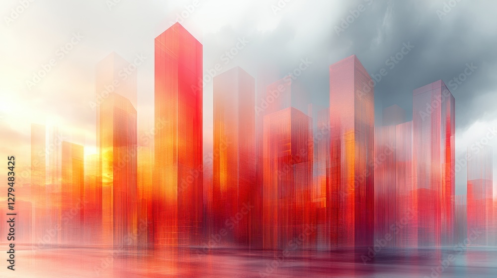 Abstract Cityscape with Vibrant Colors and Dramatic Sky Effects Abstract Cityscape with Vibrant Colors and Dramatic Sky Effects