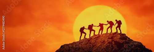 Teamwork Silhouette on Mountain Peak at Sunset