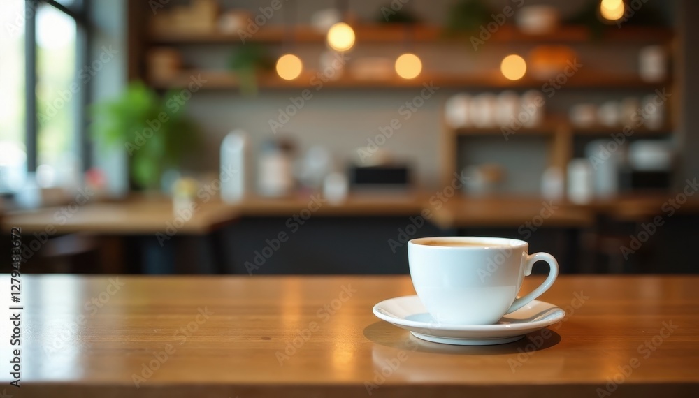 Clean empty coffee table, blurred cafe backdrop, home, top view Clean empty coffee table, blurred cafe backdrop, home, top view
