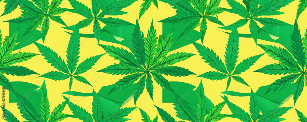 Vibrant green cannabis leaves create a lively pattern against a bright yellow backdrop in an artistic display Vibrant green cannabis leaves create a lively pattern against a bright yellow backdrop in an artistic display