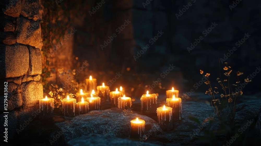 A candlelight vigil scene with glowing candles in the dark A candlelight vigil scene with glowing candles in the dark