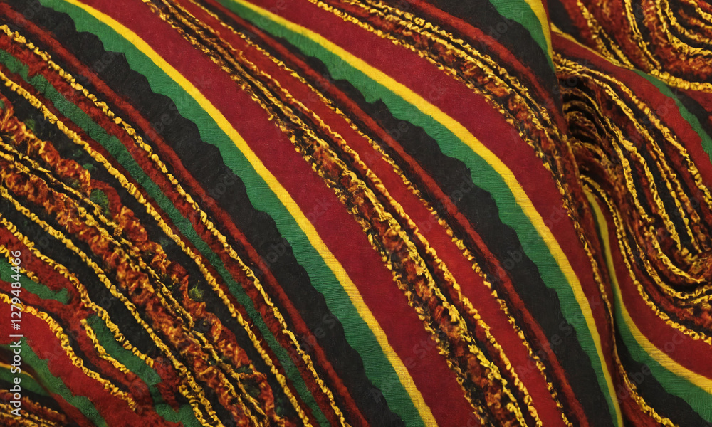Colorful fabric featuring intricate patterns in red, green, yellow, and black on display in a textile market Colorful fabric featuring intricate patterns in red, green, yellow, and black on display in a textile market