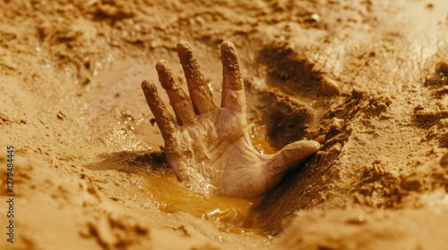 Hand sinking in quicksand, trying to get out, tips to survive in desert, buried