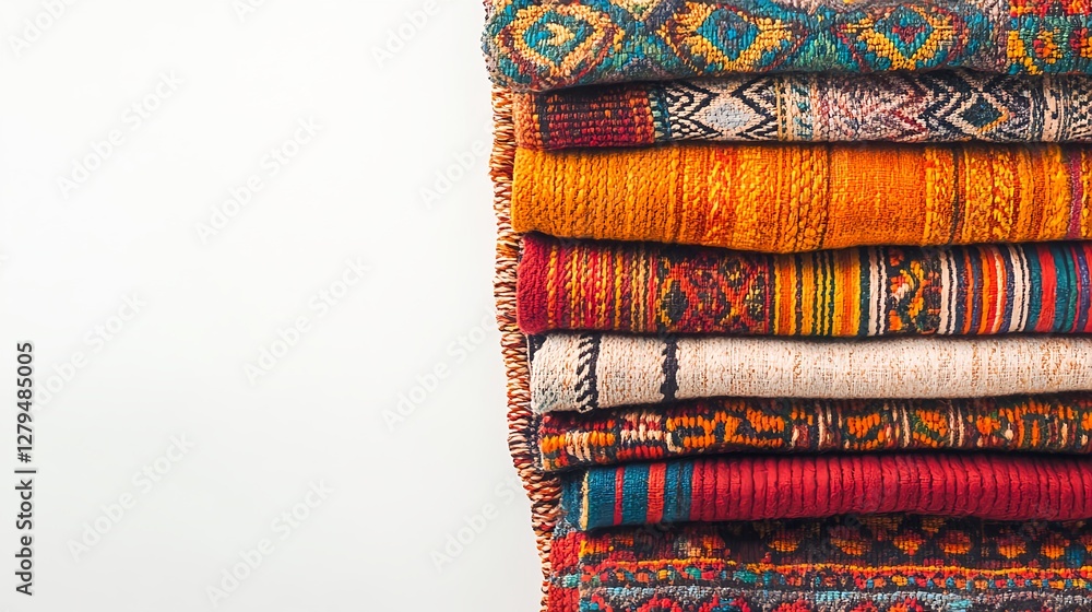 Colorful Textiles Neatly Stacked with Intricate Patterns and Textures Colorful Textiles Neatly Stacked with Intricate Patterns and Textures