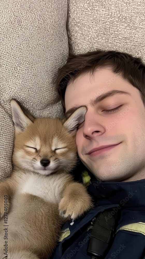 Obraz premium A joyful moment between a man and his sleeping puppy.