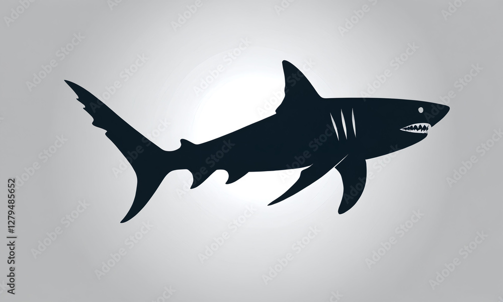 Obraz premium Dark silhouette of a shark swimming in a calm sea displaying its sharp teeth and fins against a gray background