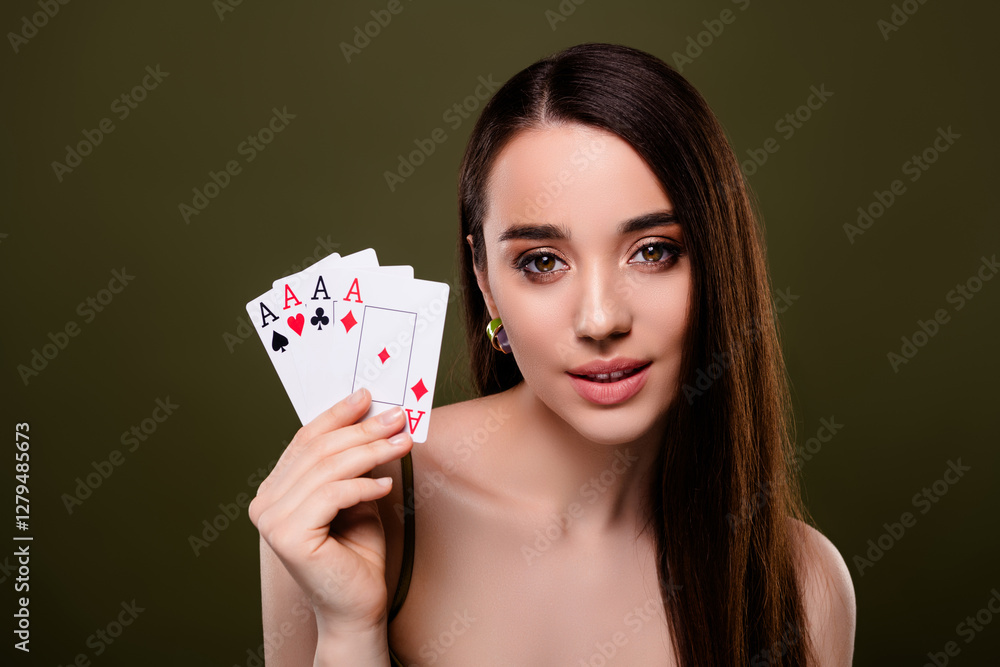 Photo of lovely gorgeous lady play poker hold cards gambling game isolated on khaki color background Photo of lovely gorgeous lady play poker hold cards gambling game isolated on khaki color background