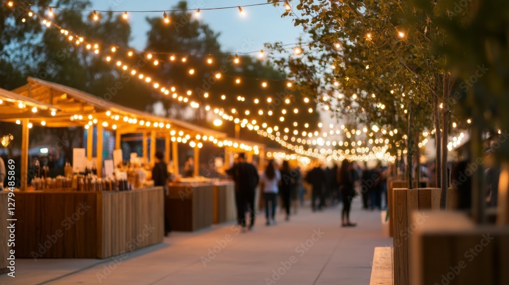 Fototapeta premium Festive holiday market with people enjoying twinkling lights and seasonal decorations