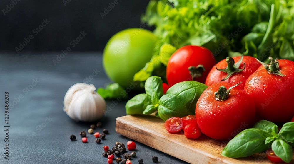 Fresh ripe tomatoes, basil, and garlic on a wooden board. A vibrant display of healthy ingredients. Fresh ripe tomatoes, basil, and garlic on a wooden board. A vibrant display of healthy ingredients.