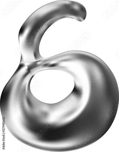 Liquid chrome metal numbers 6. 3d groovy hologram silver letters. Mercury effect for y2k design. Vctor illustration