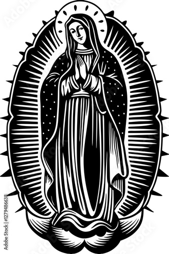 virgin mary portrait engraving vector illustration on white