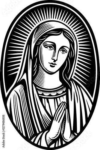 virgin mary portrait engraving vector illustration on white